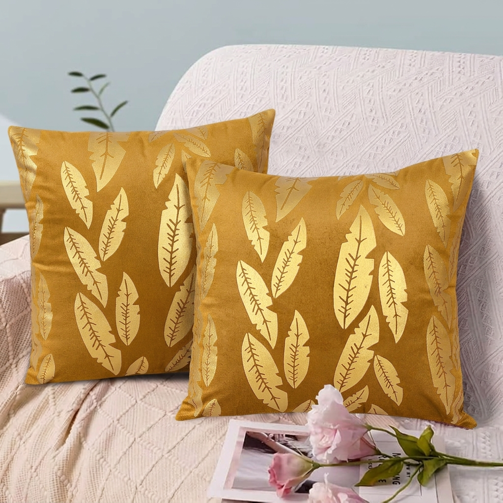 Metallic Feather Style Velvet Cushion Cover Mustard with Metallic Feather Print for Sofa and Home Décor