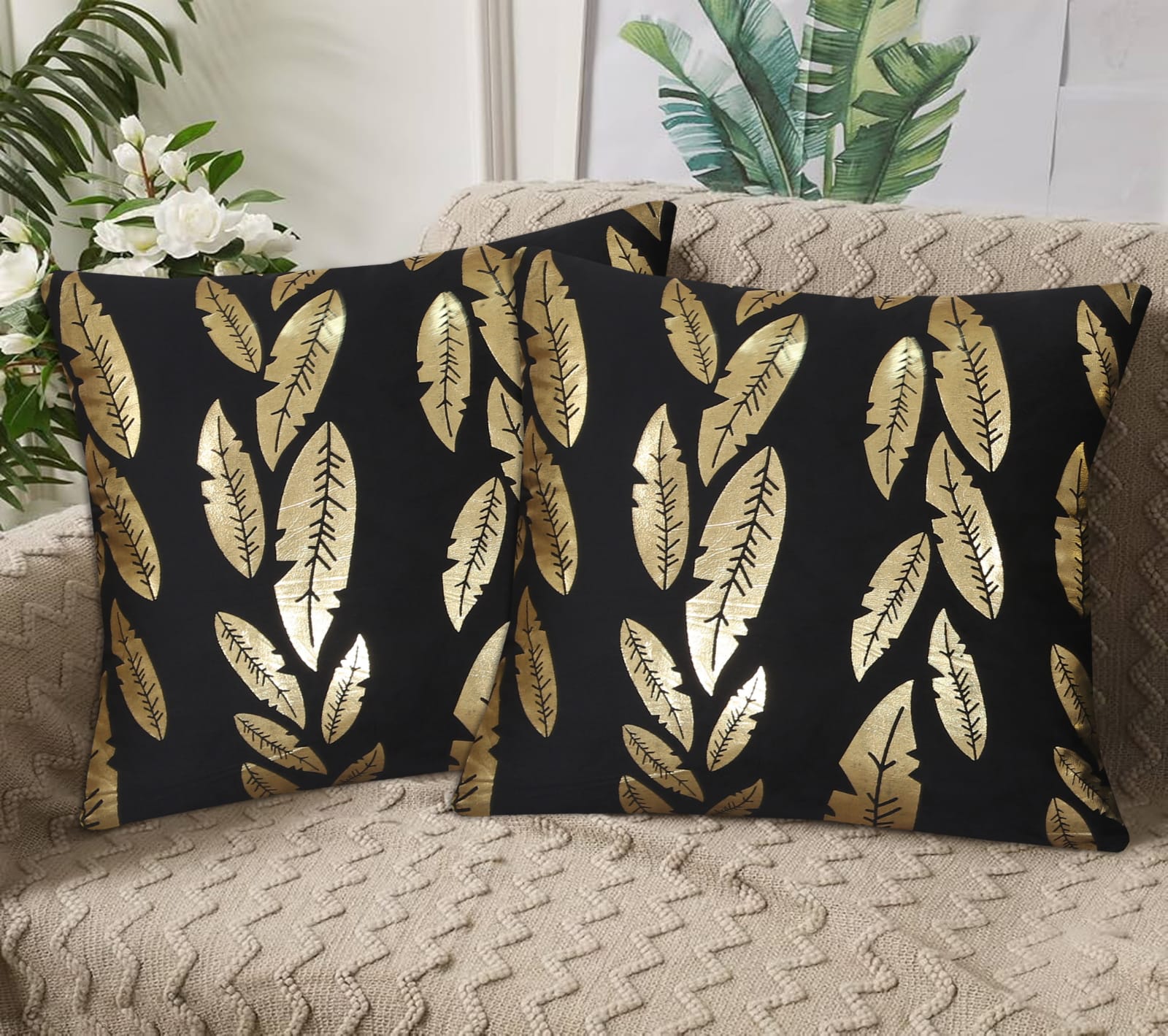 Metallic Feather Style Velvet Cushion Cover - Black