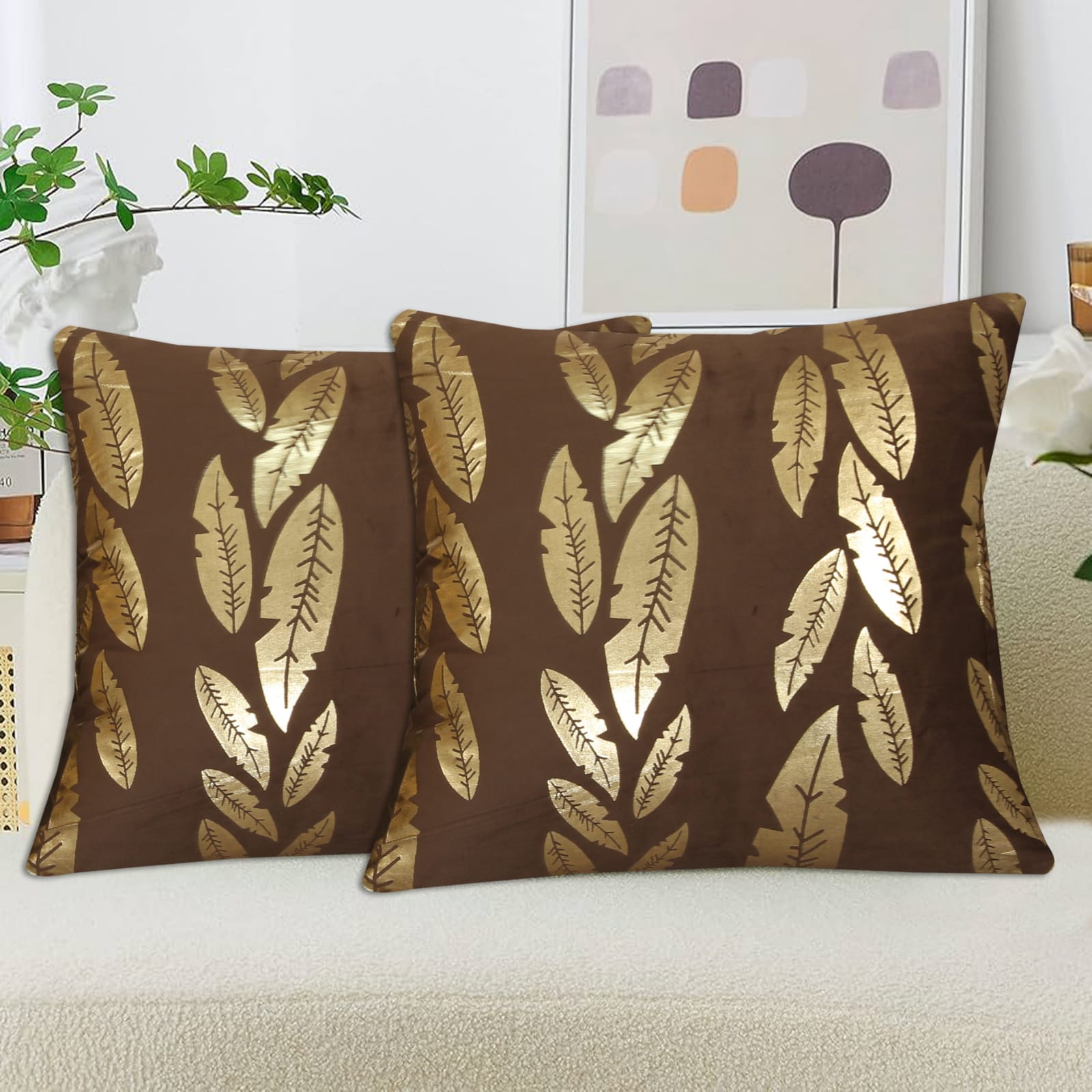 Metallic Feather Style Velvet Cushion Cover Brown with Metallic Feather Print for Sofa and Home Décor
