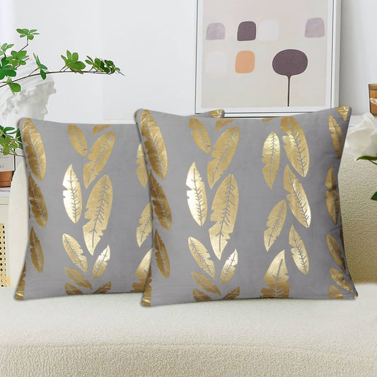 Metallic Feather Style Velvet Cushion Cover Grey with Metallic Feather Print for Sofa and Home Decor