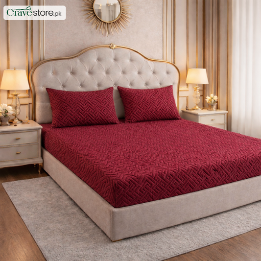 China Mazed maroon premium fitted bedsheet set on king size bed
