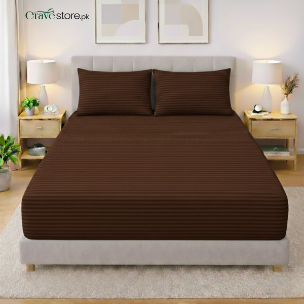 Premium Striped Fitted Bedsheet Set Chocolate Brown King Size with 2 Pillow Covers