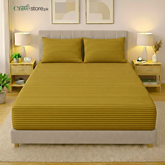 Premium striped fitted bedsheet set golden color king size