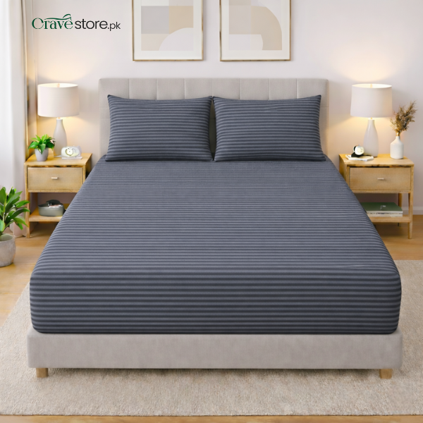 Premium Striped Fitted Bedsheet Set  Grey – 1 Bedsheet & 2 Pillow Covers