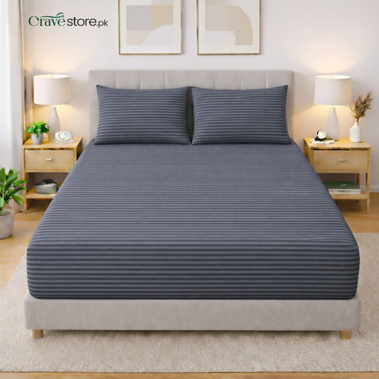 Premium Striped Fitted Bedsheet Set  Grey – 1 Bedsheet & 2 Pillow Covers
