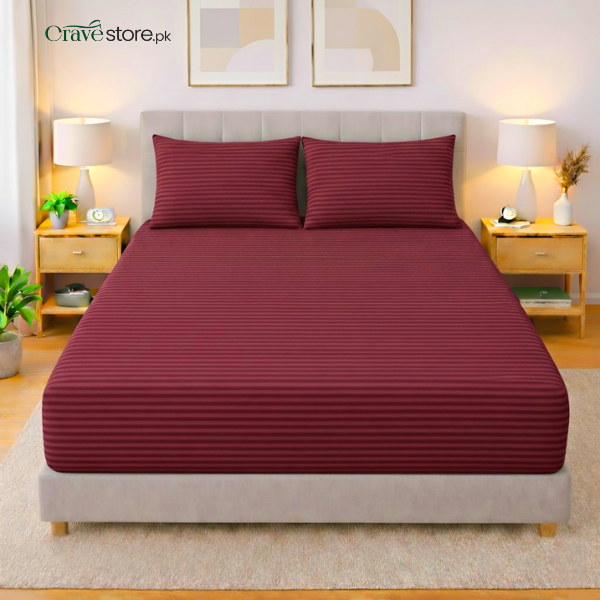 Premium Striped Fitted Bedsheet Set Maroon – King Size