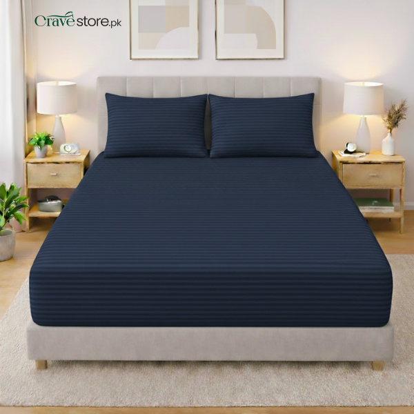 Premium Striped Fitted Navy Blue Bedsheet Set King Size with 2 Pillow Covers