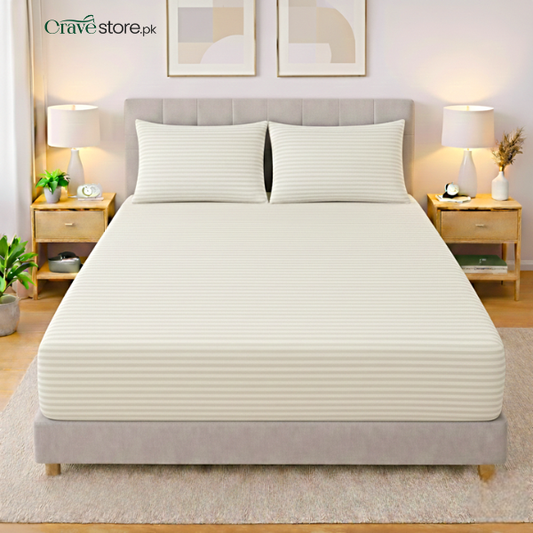 Premium Striped Fitted Bedsheet Set Off White King Size with 2 Pillow Covers