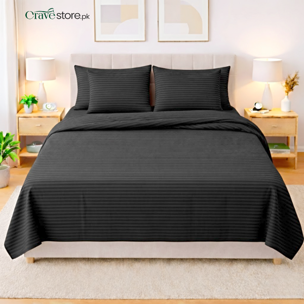 Premium striped flat 6-pcs duvet set black color king size