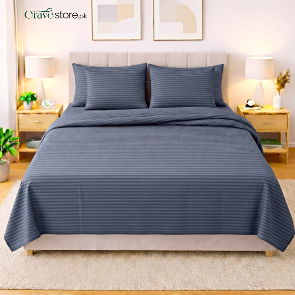 Premium Striped Flat 6-Pcs Duvet Set Grey King Size with 1 Bedsheet, 4 Pillow Covers & 1 Quilt Cover