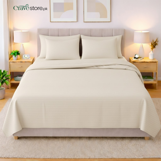 Premium Striped Flat 6-Pcs Duvet Set Mouse Off White King Size with 1 Bedsheet, 4 Pillow Covers & 1 Quilt Cover