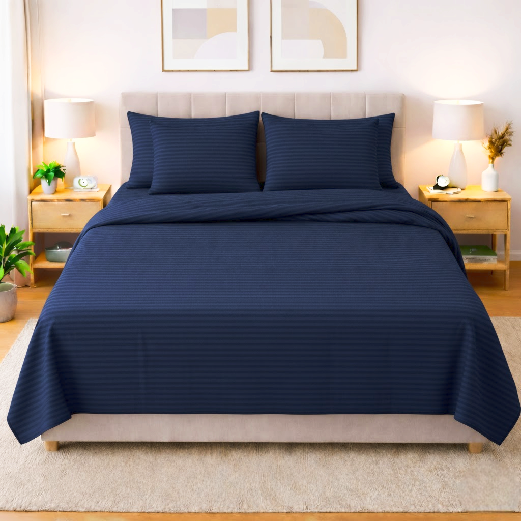 Premium striped flat 6-pcs duvet set navy blue color king size