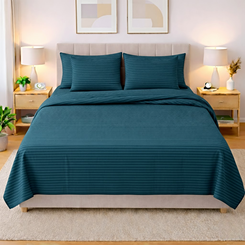 Premium Striped Flat 6-Pcs Duvet Set Zinc King Size with 1 Bedsheet, 4 Pillow Covers & 1 Quilt Cover