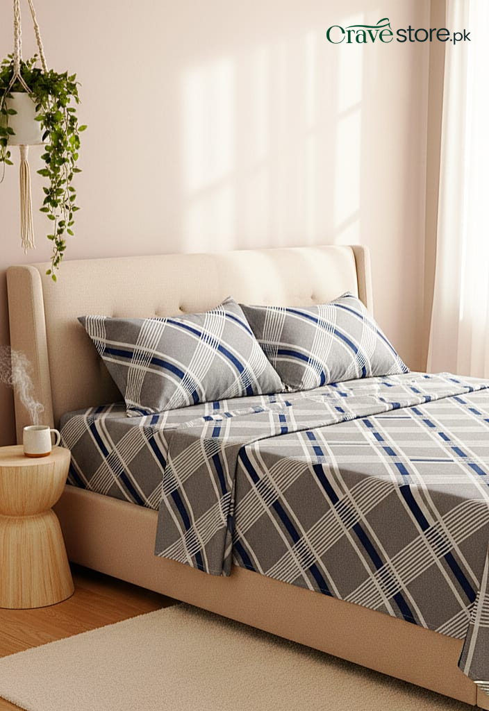 Printed Criss-Cross Diagonal Plaid Flat Bedsheet Set – King Size
