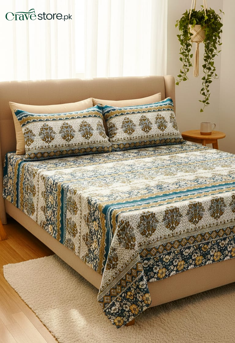 Printed Ethnic Floral King Size Microfiber Flat Bedsheet Set with Pillow Covers