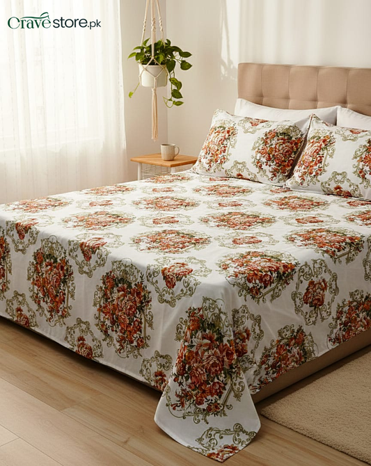 Printed Floral Medallion King Size Microfiber Flat Bedsheet Set with Pillow Covers