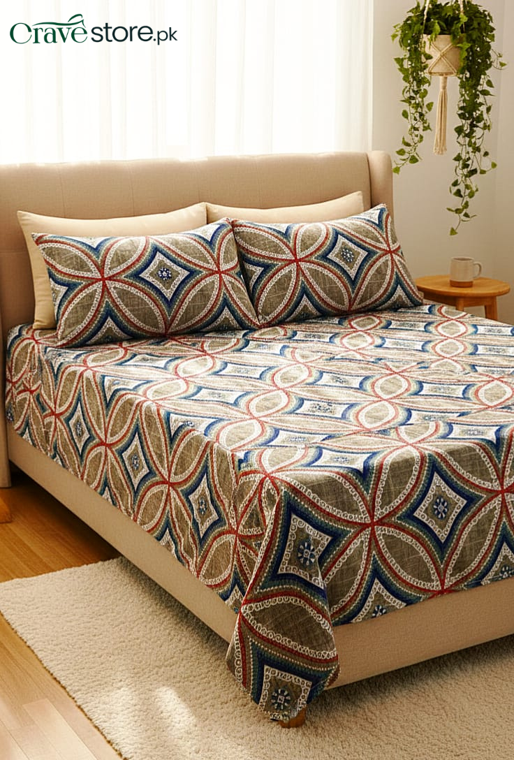 Printed Geometric Mandala King Size Microfiber Flat Bedsheet Set with Pillow Covers