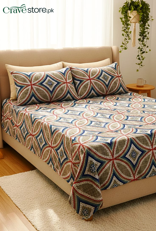 Printed Geometric Mandala King Size Microfiber Flat Bedsheet Set with Pillow Covers