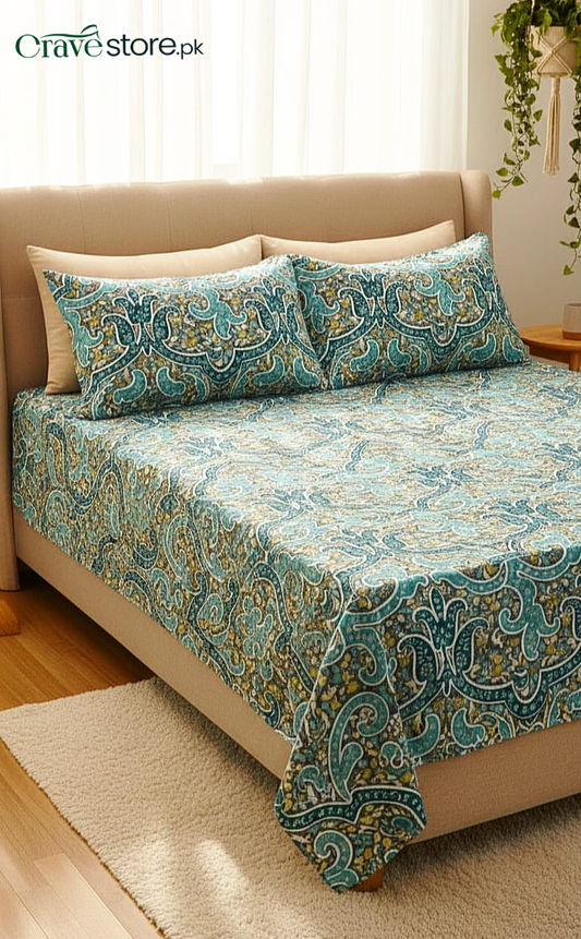 Printed Paisley Floral Flat Bedsheet Set – King Size