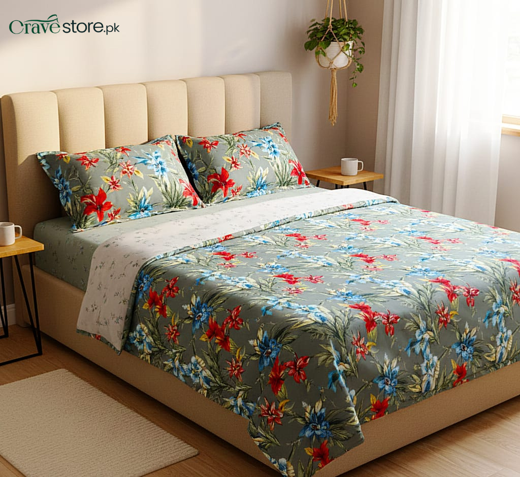 Printed Tropical Garden Floral King Size Microfiber Flat Bedsheet Set with Pillow Covers