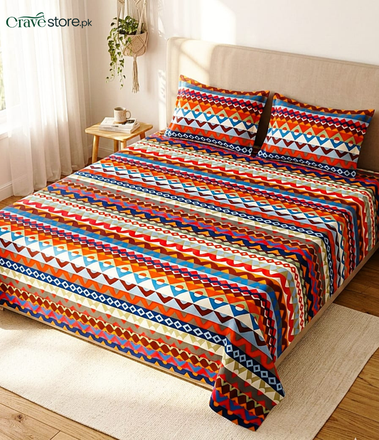 Printed Zigzag Multicolored King Size Microfiber Flat Bedsheet Set with Pillow Covers
