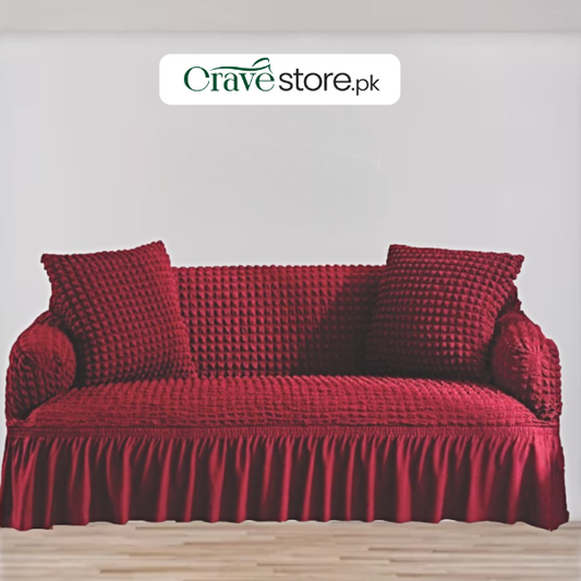 Maroon Turkish style bubble sofa cover fitted on living room sofa