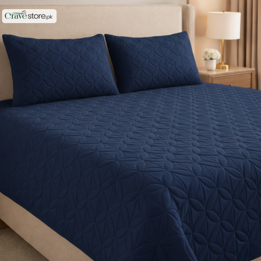 Ultrasonic Quilted Navy Blue King Bedspread 1 Bedspread 2 Pillow Covers
