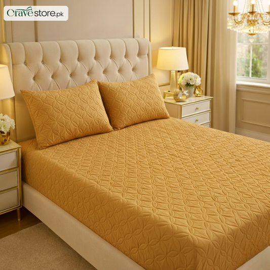 Ultrasonic quilted chikoo fitted bedsheet set on king size bed