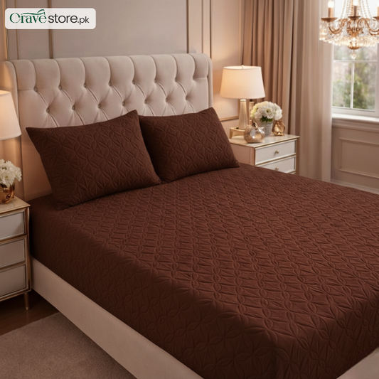 Ultrasonic quilted chocolate brown fitted bedsheet set on king size bed