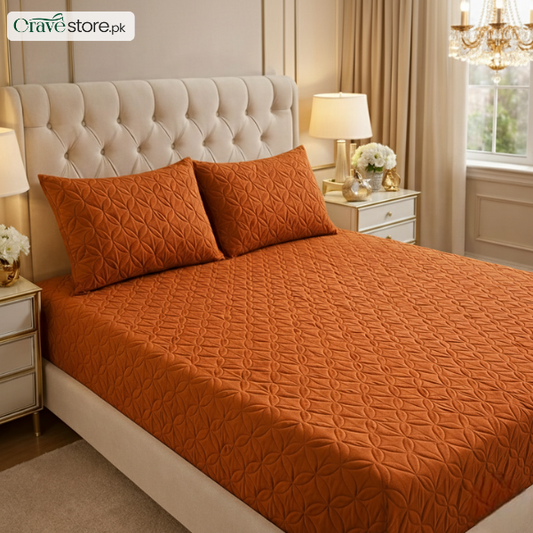 Ultrasonic quilted copper fitted bedsheet set on king size bed