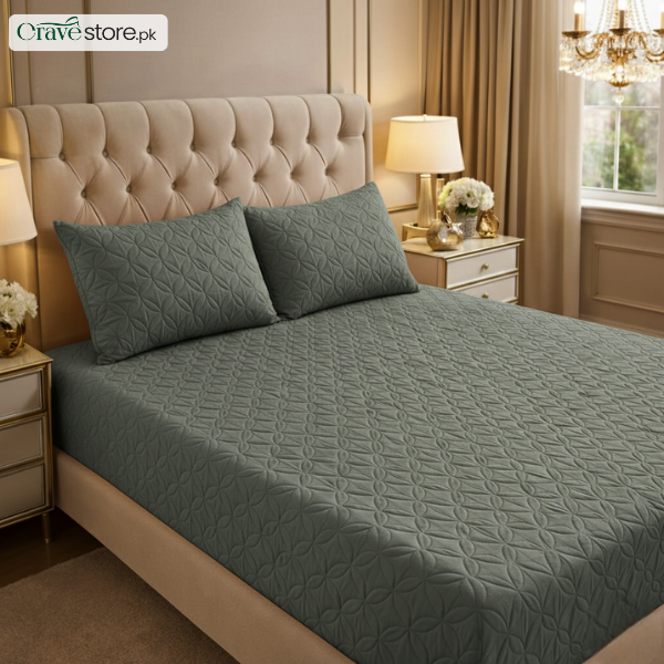Ultrasonic quilted grey fitted bedsheet set on king size bed