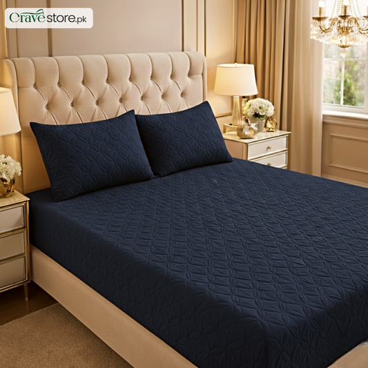 Ultrasonic Quilted Fitted Bedsheet Set Navy Blue - King Size