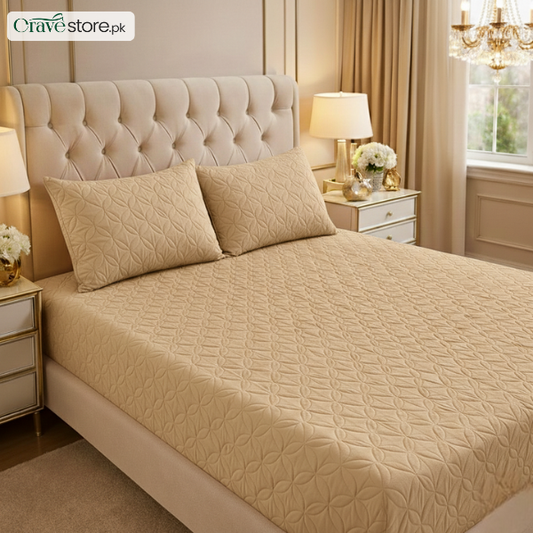 Ultrasonic quilted skin color fitted bedsheet set on king size bed