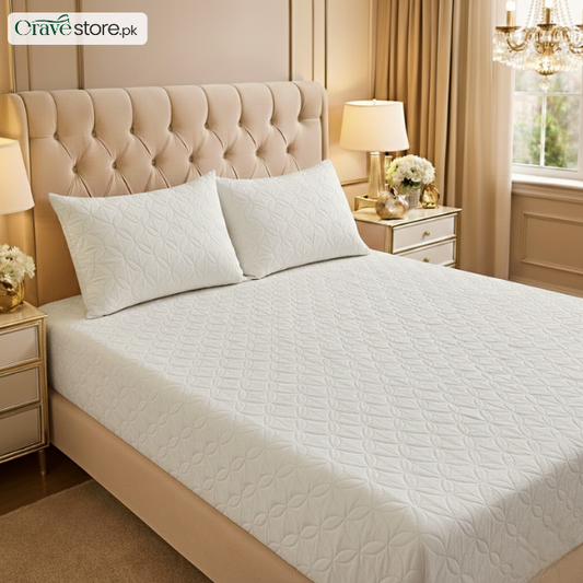 Ultrasonic quilted white fitted bedsheet set on king size bed