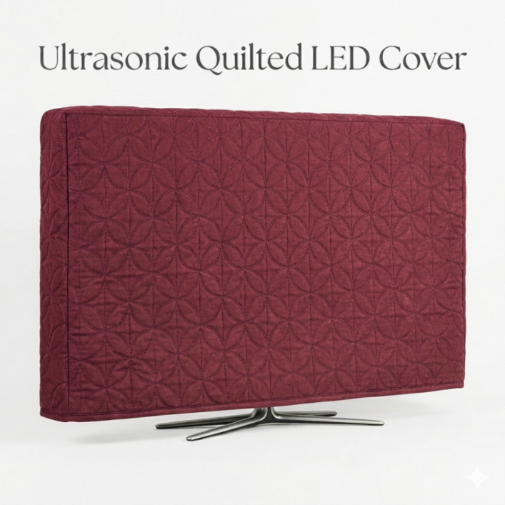 Maroon ultrasonic quilted LED TV cover dust proof with soft durable fabric and universal fit design
