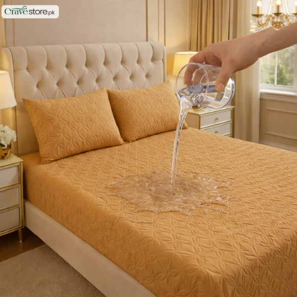 Waterproof ultrasonic quilted fitted bedsheet chikoo king size with 2 pillow covers