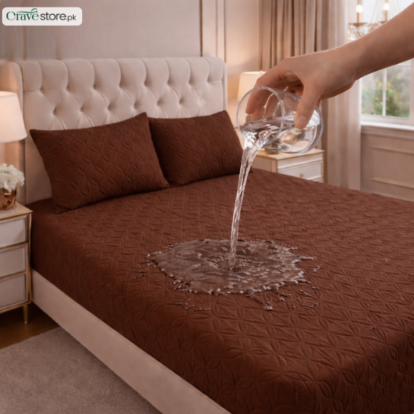Waterproof ultrasonic quilted fitted bedsheet chocolate brown king size with 2 pillow covers