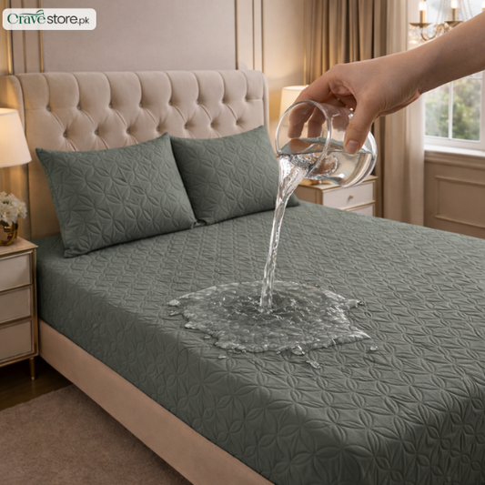 Waterproof ultrasonic quilted fitted bedsheet grey king size with 2 pillow covers