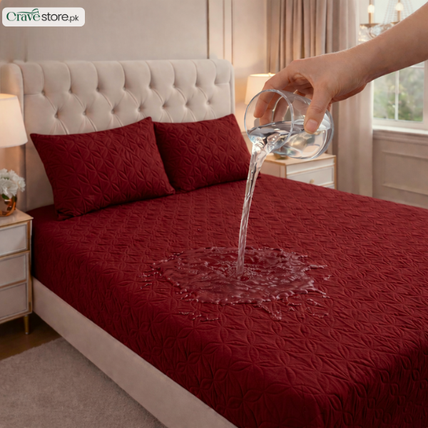 Waterproof ultrasonic quilted fitted bedsheet maroon king size with 2 pillow covers