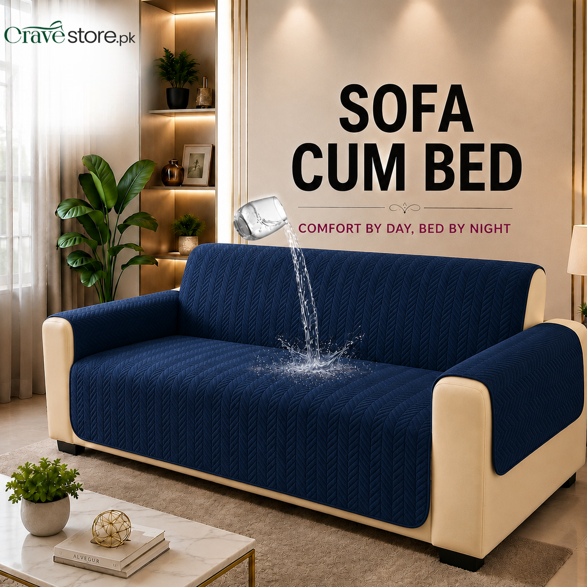 Waterproof Ultrasonic Quilted Sofa Cum Bed Cover Navy Blue