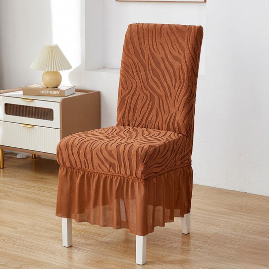 Copper brown zebra chair cover with textured fabric and stretchable design for a snug fit on standard chairs