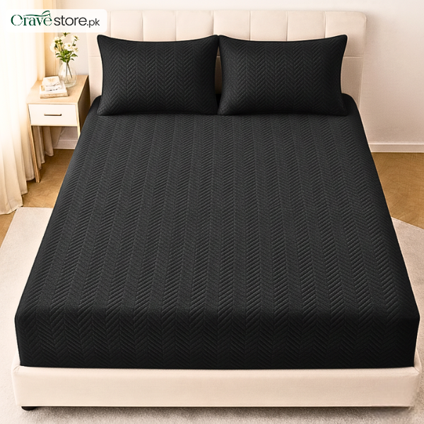 ZigZag ultrasonic quilted fitted bedsheet black king size with 2 pillow covers
