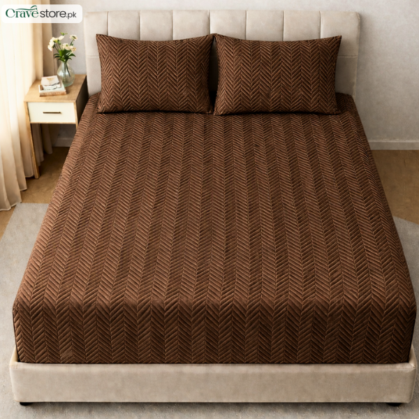 ZigZag ultrasonic quilted fitted bedsheet brown king size with 2 pillow covers