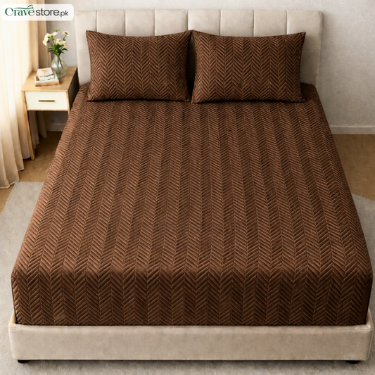 ZigZag ultrasonic quilted fitted bedsheet brown king size with 2 pillow covers
