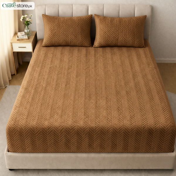 ZigZag ultrasonic quilted fitted bedsheet coffee king size with 2 pillow covers