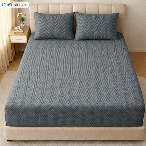 ZigZag ultrasonic quilted fitted bedsheet grey king size with 2 pillow covers