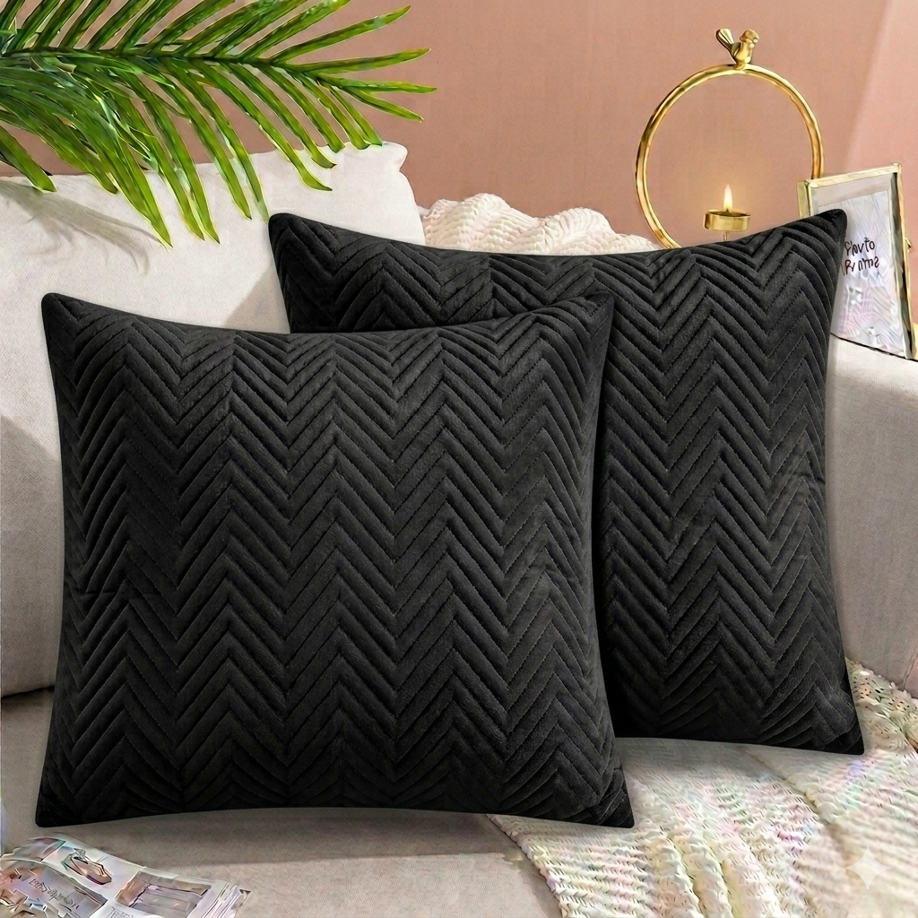 Zigzag Ultrasonic Quilted Cushion Cover Black 16x16 sofa cushion cover with premium quilted design and hidden zipper.