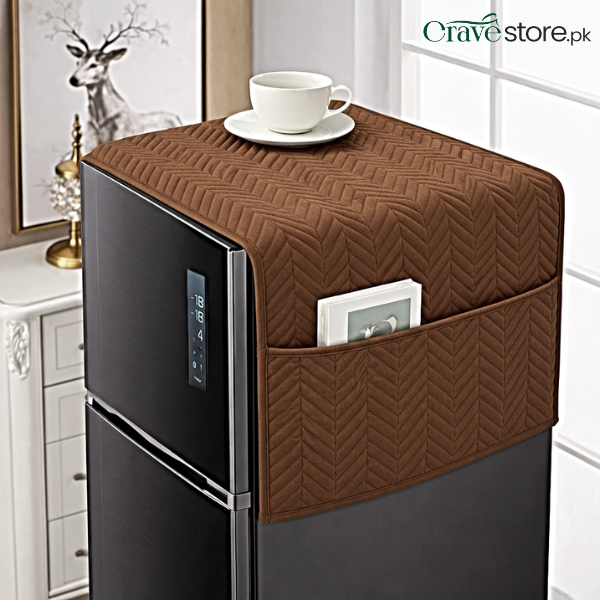 Zigzag Ultrasonic Quilted Brown Refrigerator Cover With Pockets