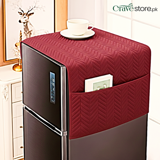 Zigzag Ultrasonic Quilted Maroon Refrigerator Cover With Pockets