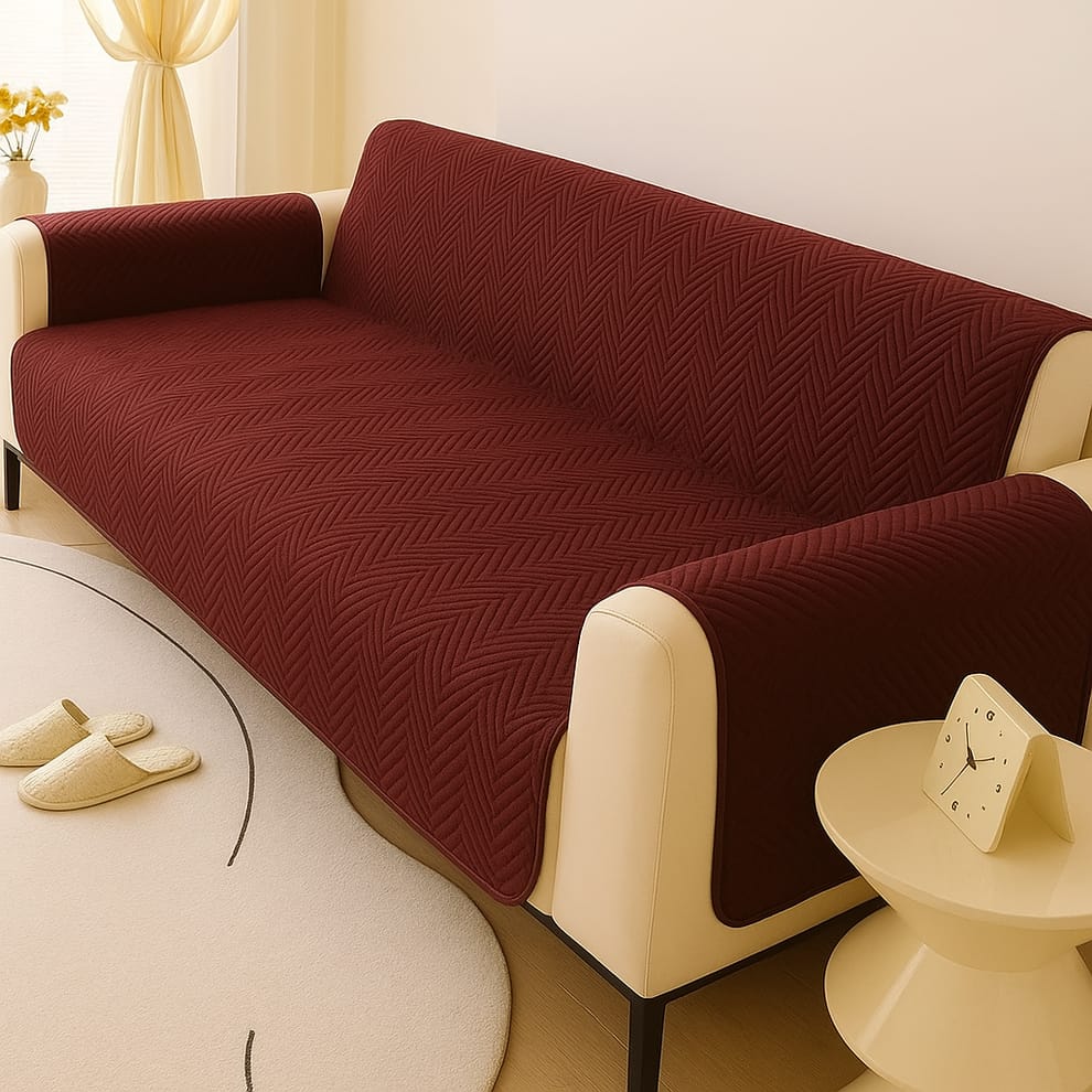 Maroon zigzag ultrasonic quilted sofa cover on living room sofa